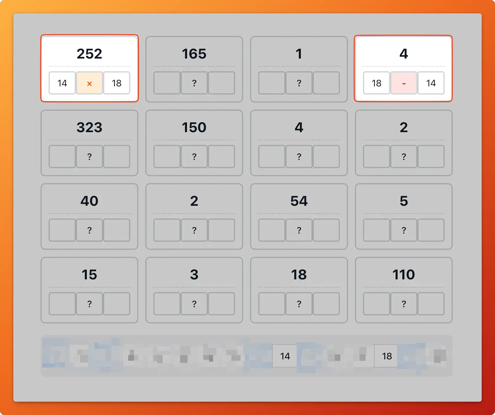 Math puzzle match example showing how to pair numbers for subtraction and multiplication operations in the 4x4 grid
